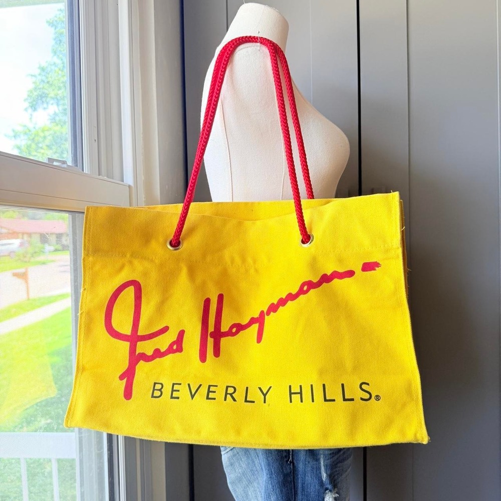 Fred Hayman Beverly Hills Canvas Tote Bag Yellow Pink Rope Handles